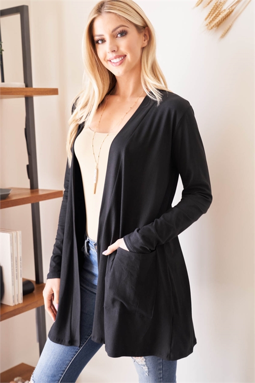 S14-10-3-PPC30018-BK-1 - LONG SLEEVE OPEN FRONT POCKET CARDIGAN- BLACK 2-1-0-0