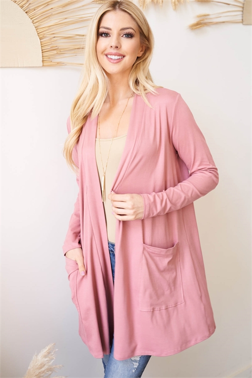 S10-4-4-PPC30018-MV - FRONT POCKETS OPEN SOLID CARDIGAN- MAUVE 1-2-2-2