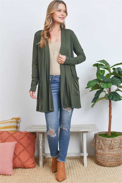 S13-2-2-PPC30018-OV - FRONT POCKETS OPEN SOLID CARDIGAN- OLIVE 1-2-2-2