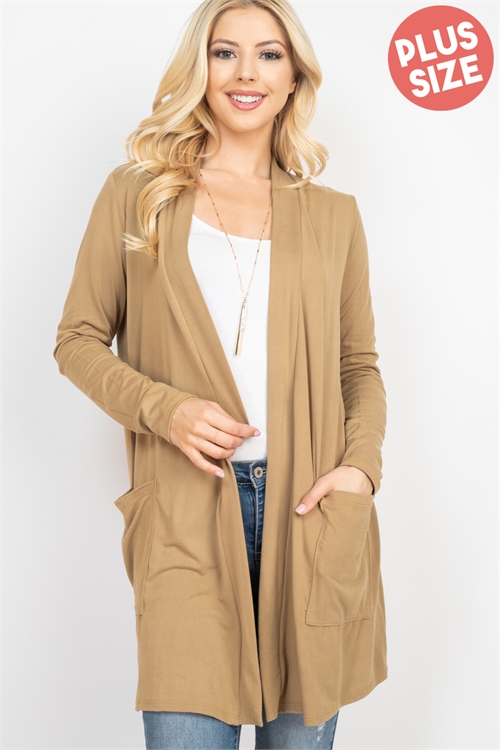 S14-8-3-PPC30018X-DKCML-1 - PLUS SIZE LONG SLEEVE OPEN FRONT POCKET CARDIGAN- DARK CAMEL 4-2-0