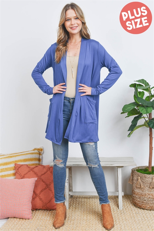 S4-10-4-PPC30018X-DNM-1 - PLUS SIZE FRONT POCKETS OPEN SOLID CARDIGAN- DENIM 2-2-1