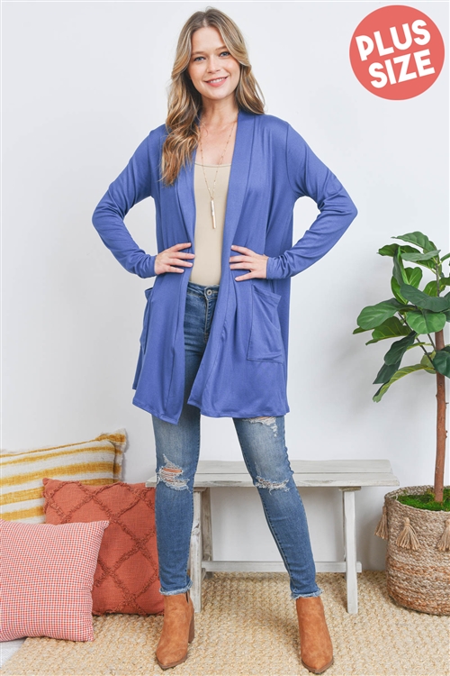 SA3-0-3-PPC30018X-DNM-3 - PLUS SIZE LONG SLEEVE OPEN FRONT POCKET CARDIGAN- DENIM 3