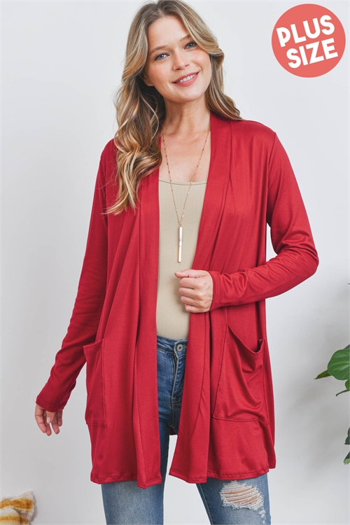 SA3-0-3-PPC30018X-MRLT-1 - PLUS SIZE LONG SLEEVE OPEN FRONT POCKET CARDIGAN- MERLOT 4-2-0