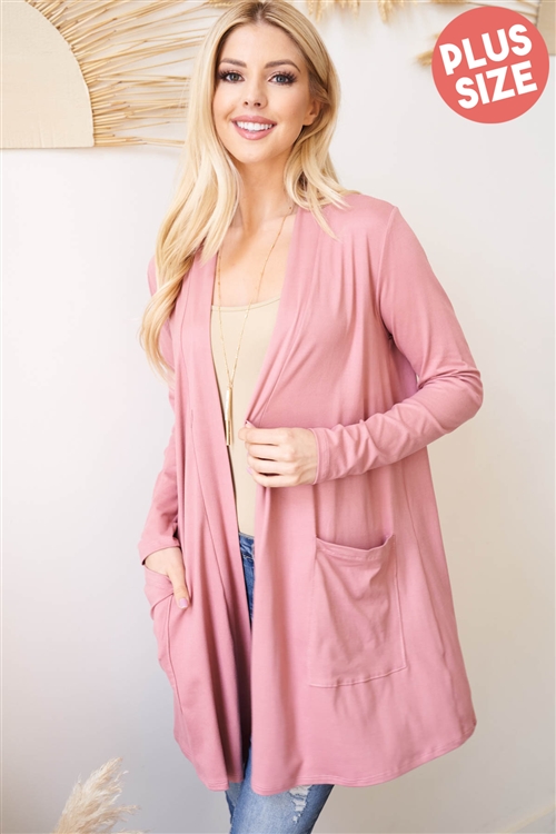 S14-8-3-PPC30018X-MV-4 - PLUS SIZE LONG SLEEVE OPEN FRONT POCKET CARDIGAN- MAUVE 0-3-0