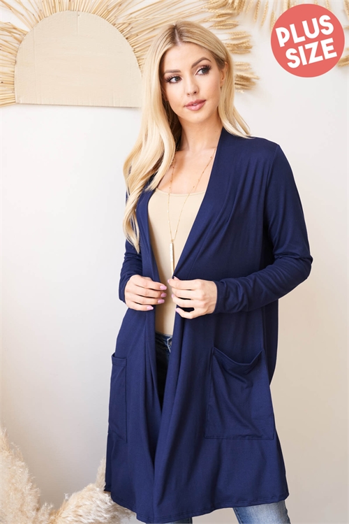 S14-8-3-PPC30018X-NV-1 - PLUS SIZE LONG SLEEVE OPEN FRONT POCKET CARDIGAN- NAVY 4-2-0
