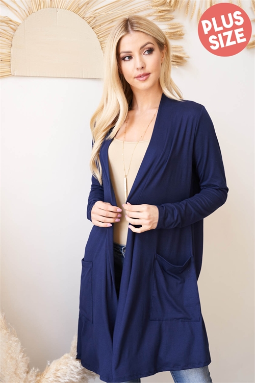 SA3-0-3-PPC30018X-NV-2 - PLUS SIZE LONG SLEEVE OPEN FRONT POCKET CARDIGAN- NAVY 4-1-2