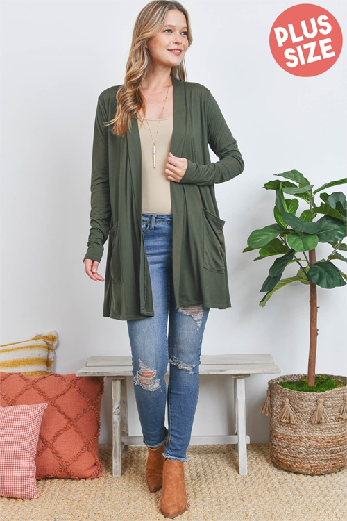 S14-8-3-PPC30018X-OV-1 - PLUS SIZE LONG SLEEVE OPEN FRONT POCKET CARDIGAN- OLIVE 4-1-0