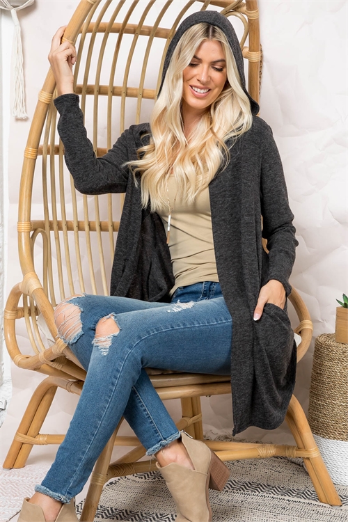 S13-2-3-PPC30024-BK - LONG SLEEVE OPEN FRONT ANGORA HOODIE CARDIGAN- BLACK 1-2-2-2