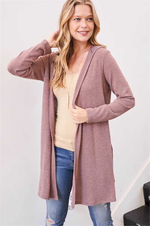 S9-19-3-PPC30024-MLBRY-1 - LONG SLEEVE OPEN FRONT ANGORA HOODIE CARDIGAN- MULBERRY 0-2-2-2