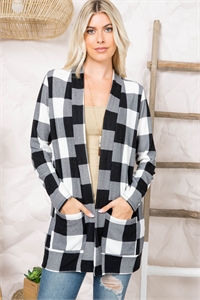 S7-8-3-PPC30025-BKCRM - PLAID LONG SLEEVE OPEN FRONT POCKET CARDIGAN- BLACK-CREAM 1-2-2-2