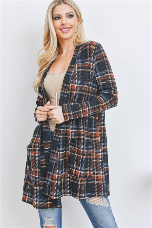 S9-20-5-PPC30026-BKCRML-2 - LONG SLEEVE WAFFLE PLAID OPEN FRONT POCKET CARDIGAN- BLACK-CARAMEL 1-2-2-1