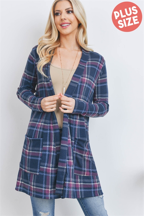 S11-3-3-PPC30026X-NVDSTVIO - PLUS SIZE LONG SLEEVE WAFFLE PLAID OPEN FRONT POCKET CARDIGAN- NAVY-DUSTY VIOLET 3-2-1