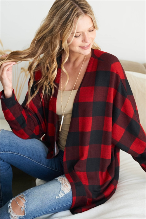 S12-9-4-PPC30029-RD - LONG SLEEVE PLAID OPEN FRONT CARDIGAN- RED 1-2-2-2
