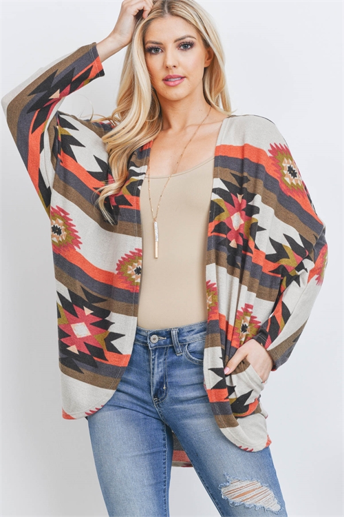 S11-19-2-PPC30031-OVCHLBG-1 - AZTEC PRINT DOLMAN SLEEVE OPEN FRONT CARDIGAN- OLIVE-CHARCOAL-BEIGE 0-1-2-2