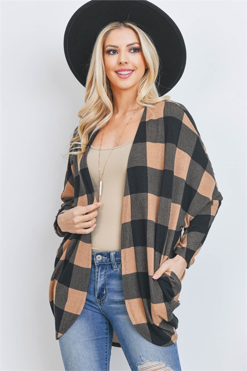 S12-9-5-PPC30035-TP - PLAID DOLMAN SLEEVE ROUND HEM POCKET OPEN CARDIGAN- TAUPE 1-2-2-2