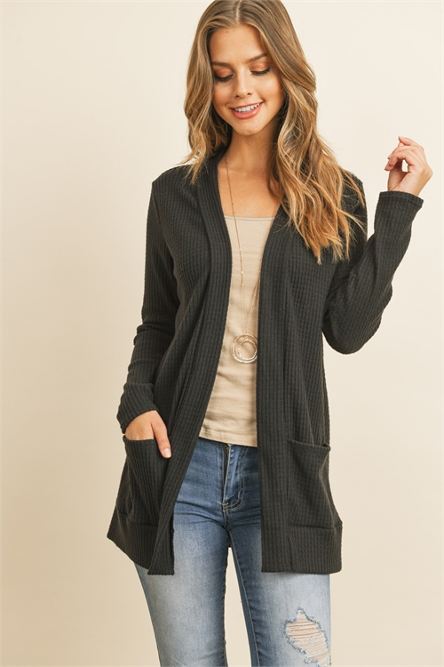 S7-3-1-PPC30036-BK - LONG SLEEVE OPEN FRONT WAFFLE BRUSH CARDIGAN- BLACK 1-2-2-2