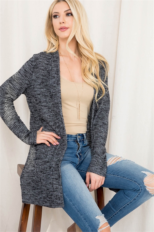 S8-6-3-PPC30036-BKCHB-1 - LONG SLEEVE OPEN FRONT WAFFLE BRUSH CARDIGAN- BLACK CHAMBRAY 0-2-2-1