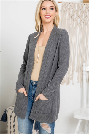 S12-3-5-PPC30036-CHL-1 - LONG SLEEVE OPEN FRONT WAFFLE BRUSH CARDIGAN- CHARCOAL 0-1-0-2