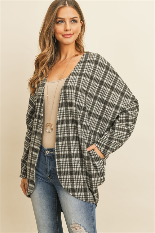 S13-5-3-PPC3004-BK - PLAID ROUND HEM POCKET OPEN CARDIGAN- BLACK 1-2-2-2