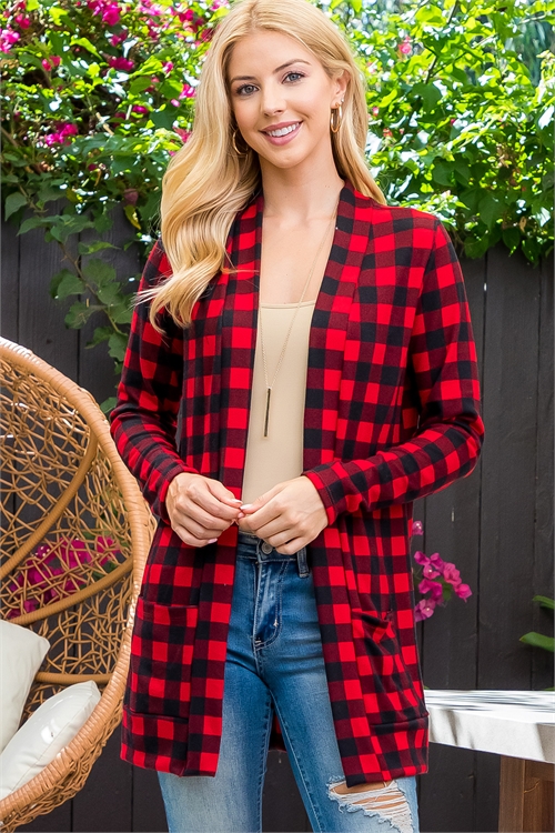 S11-3-2-PPC30040-RDCB - PLAID OPEN FRONT POCKET CARDIGAN- RED COMBO 1-2-2-2
