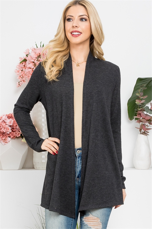 S15-12-3-PPC30041-CHL-1 - LONG SLEEVE OPEN FRONT HACCI BRUSHED CARDIGAN- CHARCOAL 0-1-2-2