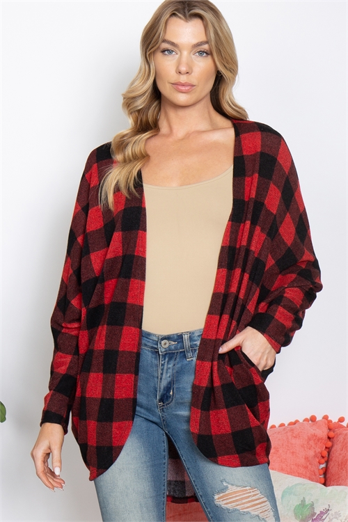 S7-10-4-PPC30042-BKRD-1 - PLAID OPEN FRONT POCKET CARDIGAN- BLACK/RED 0-1-2-2