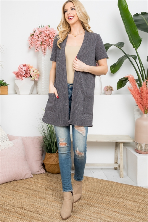 S4-3-2-PPC30045-GY - SHORT SLEEVE OPEN FRONT CARDIGAN- GREY 1-2-2-2