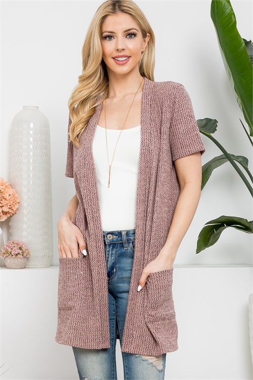 S4-3-2-PPC30045-MV - SHORT SLEEVE OPEN FRONT CARDIGAN- MAUVE 1-2-2-2