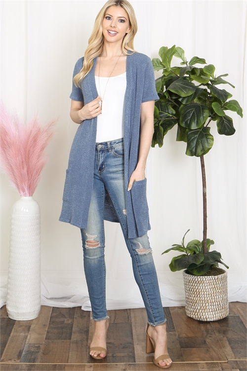 S9-2-2-PPC30049-BL - SHORT SLEEVE OPEN FRONT CARDIGAN WITH POCKETS- BLUE 1-2-2-2 (NOW $8.75 ONLY!)