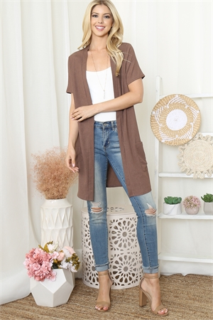 S8-11-3-PPC30051-MC - CRINKLED SHORT SLEEVE POCKET CARDIGAN- MOCHA 1-2-2-2