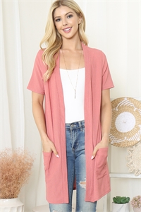 S8-11-3-PPC30051-PCHDK - CRINKLED SHORT SLEEVE POCKET CARDIGAN- PEACH DARK. 1-2-2-2