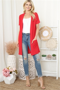 S12-11-1-PPC30051-RD - CRINKLED SHORT SLEEVE POCKET CARDIGAN- RED 1-2-2-2