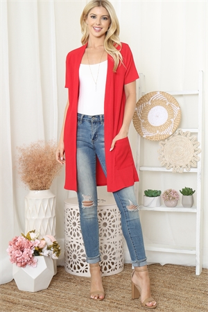 S8-13-1-PPC30051-RD - CRINKLED SHORT SLEEVE POCKET CARDIGAN- RED 1-2-2-2