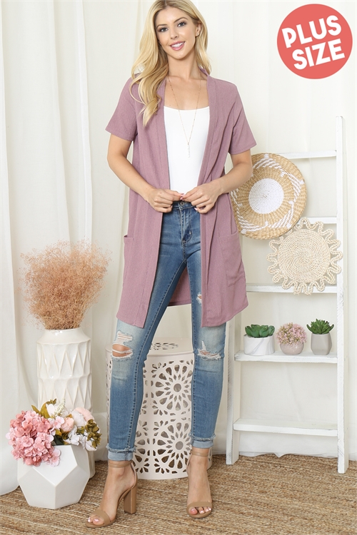 S15-11-2-PPC30051X-MVDK-1 - PLUS SIZE CRINKLED SHORT SLEEVE POCKET CARDIGAN- MAUVE DK. 3-2-1