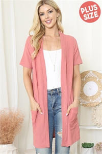 S15-11-2-PPC30051X-PCHDK - PLUS SIZE CRINKLED SHORT SLEEVE POCKET CARDIGAN- PEACH DARK 3-2-1