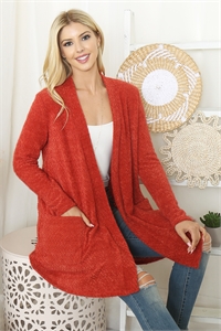 S6-10-2-PPC30053-BRK - FRONT POCKETS OPEN TEXTURED CARDIGAN- BRICK 1-1-1-1