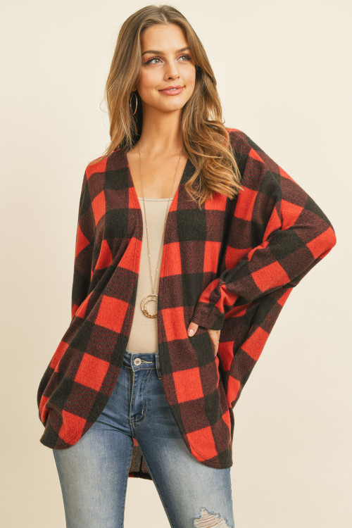 S15-2-2-PPC3006-BKRD - PLAID BRUSHED LONG SLEEVED OPEN CARDIGAN- BLACK RED 1-2-2-2
