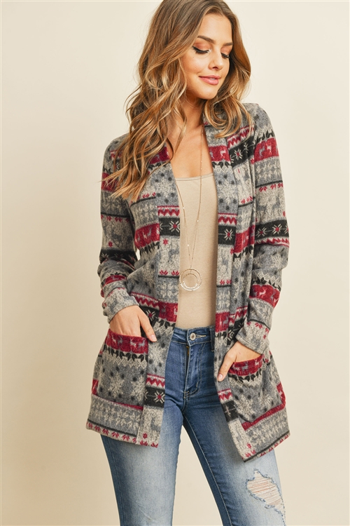 S6-3-3-PPC3007-GYMGT - BOHO PRINT LONG SLEEVED FRONT POCKET OPEN CARDIGAN- GREY/MAGENTA 1-2-2-2 (NOW $9.75 ONLY!)