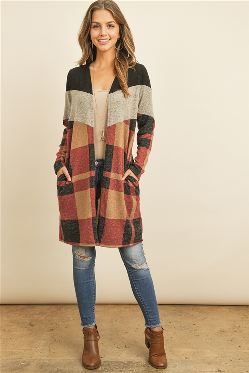 S10-4-1-PPC3009-BKCCTPBK - V-SHAPE BACK DETAIL PLAID CONTRAST OPEN CARDIGAN WITH SIDE POCKET- BLACK/COCO/TAUPE/BLACK 1-2-2-2