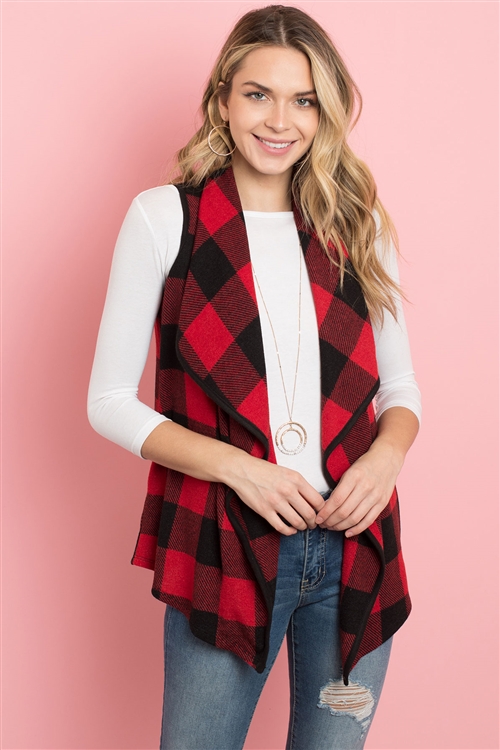 S11-2-2-PPC3010-BKRD - SLEEVELESS PLAID VEST CARDIGAN WITH INSEAM POCKET- BLACK/RED 1-2-2-2