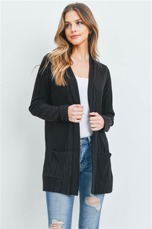 S8-3-3-PPC3011-BK - SOLID RIB DETAIL FRONT POCKETS OPEN CARDIGAN- BLACK 1-2-2-2