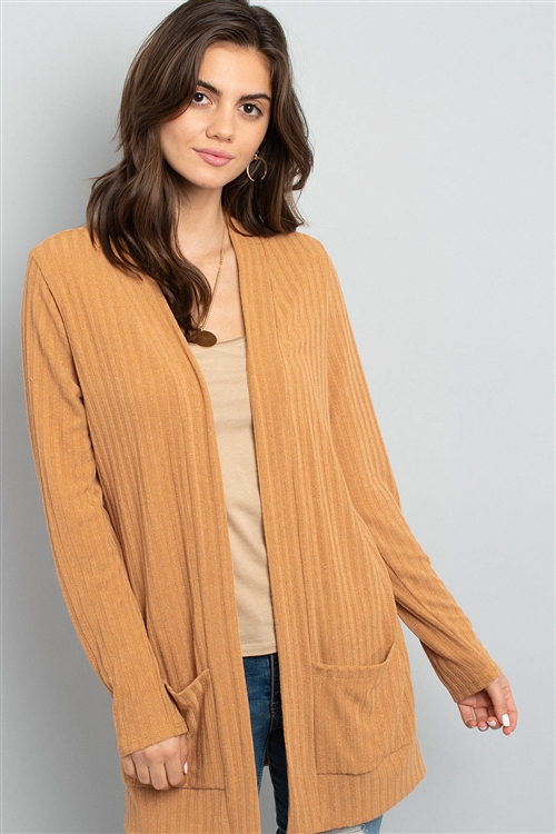 S8-2-2-PPC3012-CML - LONG SLEEVES RIB DETAIL FRONT POCKETS OPEN CARDIGAN- CAMEL 1-2-2-2