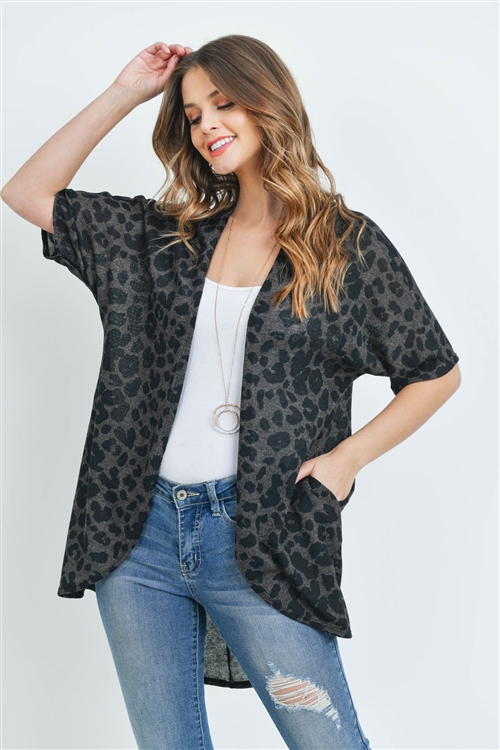 S8-2-3-PPC3013-MC - LEOPARD SHORT SLEEVES OPEN FRONT HI-LOW CARDIGAN- MOCHA 1-2-2-2