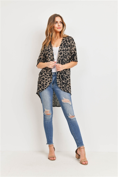 S14-11-4-PPC3013-MTP-1 - LEOPARD SHORT SLEEVES OPEN FRONT HI-LOW CARDIGAN- MEDIUM TAUPE 0-1-2-2