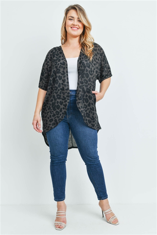 S15-10-4-PPC3013X-MC-1 - LEOPARD SHORT SLEEVES OPEN FRONT HI-LOW PLUS SIZE CARDIGAN- MOCHA 3-1-1