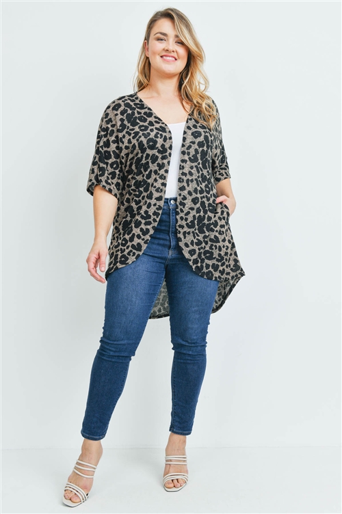 S15-10-4-PPC3013X-MTP-1 - LEOPARD SHORT SLEEVES OPEN FRONT HI-LOW PLUS SIZE CARDIGAN- MEDIUM TAUPE 3-1-1