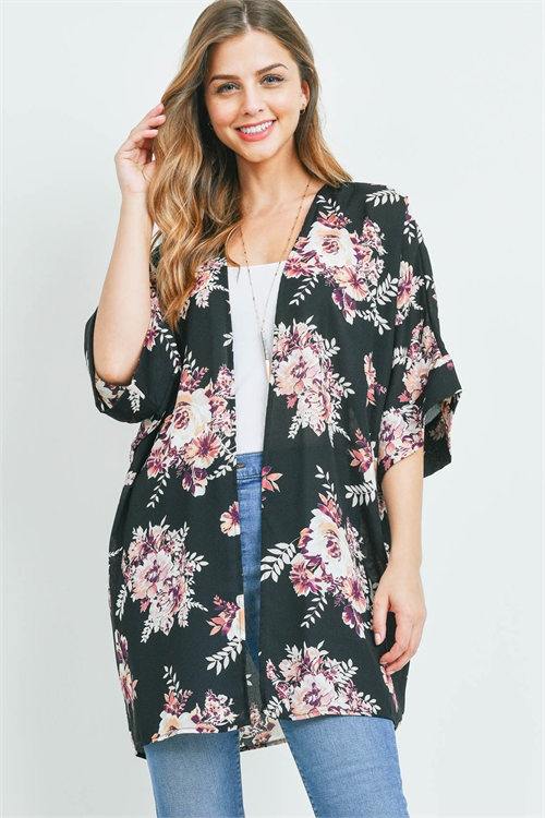 S16-4-3-PPC3014-BK - BELL SLEEVE FLORAL PRINT OPEN FRONT CARDIGAN- BLACK 1-2-2-2