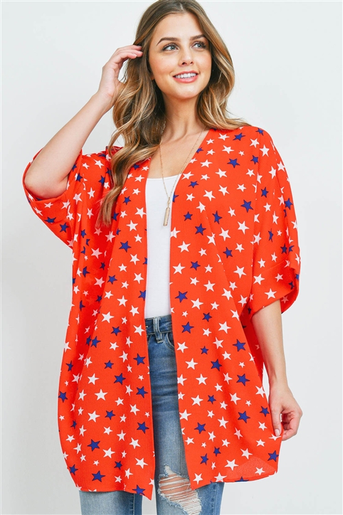 S8-11-1-PPC3015-RD - STAR PRINT OPEN CARDIGAN- RED 1-2-2-2