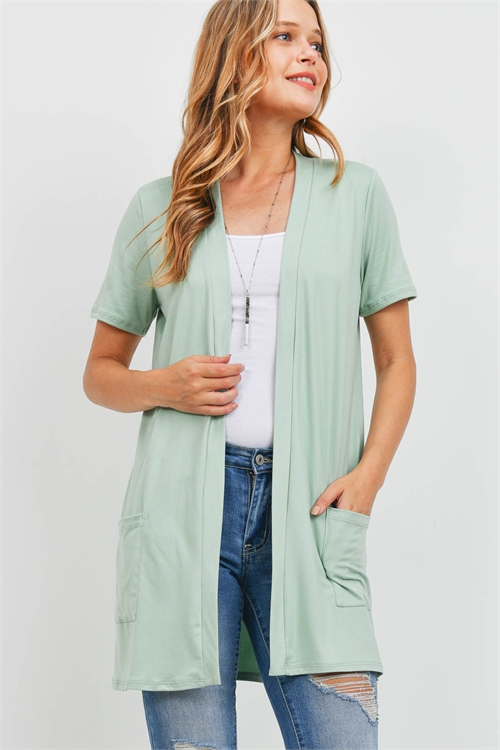 S9-5-4-PPC3017-DKSG - OPEN FRONT SHORT SLEEVES SIDE POCKETS CARDIGAN- DARK SAGE 1-2-2-2