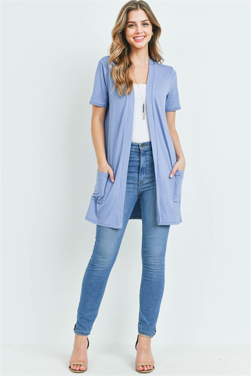 S10-14-1-PPC3017-DNM-1 - OPEN FRONT SHORT SLEEVES SIDE POCKETS CARDIGAN- DENIM 3-0-0-0